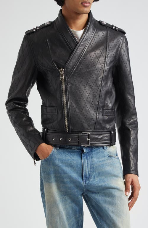 Balmain Belted Zip Cuff Quilted Lambskin Leather Biker Jacket in 0Pa Black 