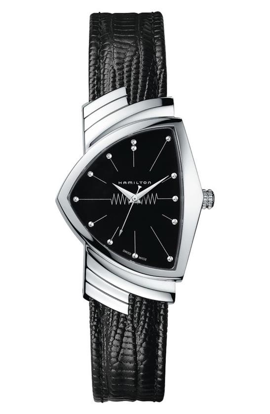Shop Hamilton Ventura Leather Strap Watch, 32mm X 36mm In Black/silver