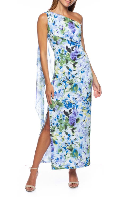 Marina Floral One Shoulder Maxi Dress In Green Multi