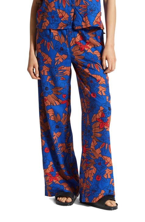 Wide-leg Twill Pants - Red/floral - Ladies