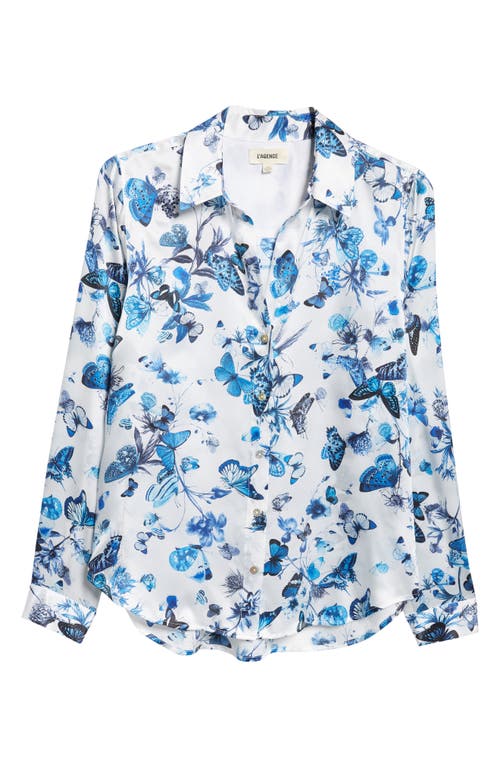 Shop L Agence L'agence Tyler Floral Butterfly Print Silk Button-up Shirt In White Butterflies