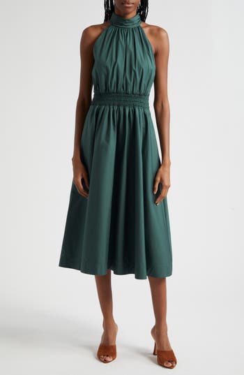 Veronica Beard Kinny Smocked Cotton Blend Midi Dress In Forest