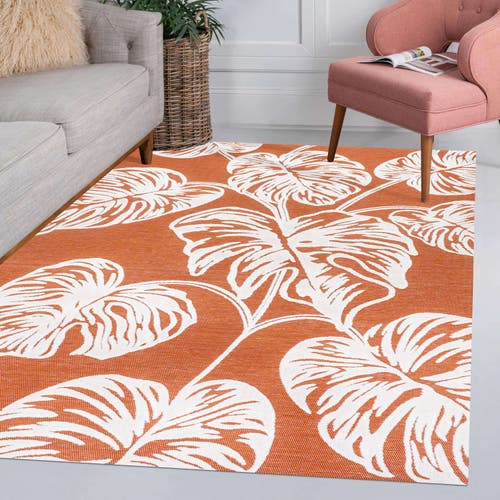 JONATHAN Y JONATHAN Y TOBAGO HIGH-LOW TWO-TONE MONSTERA LEAF INDOOR/OUTDOOR AREA RUG