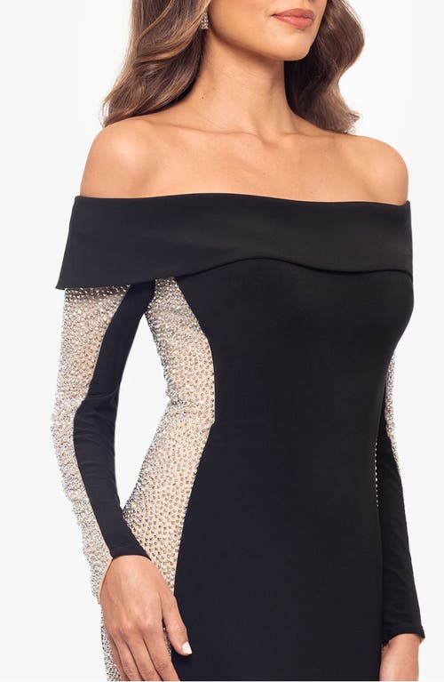 Shop Xscape Evenings Beaded Long Sleeve Off The Shoulder Jersey Gown In Black/beige/silver