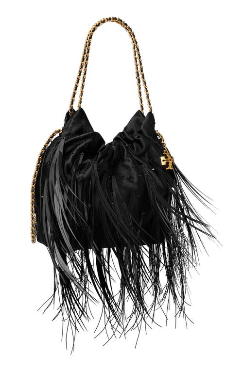 Tory Burch Mini Fleming Feather Drawstring Bag In Black