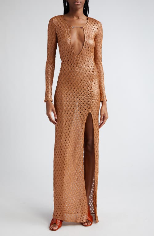 Missoni Metallic Knit Plunge Neck Long Sleeve Cover-Up Maxi Dress Roasted Pecan at Nordstrom, Us