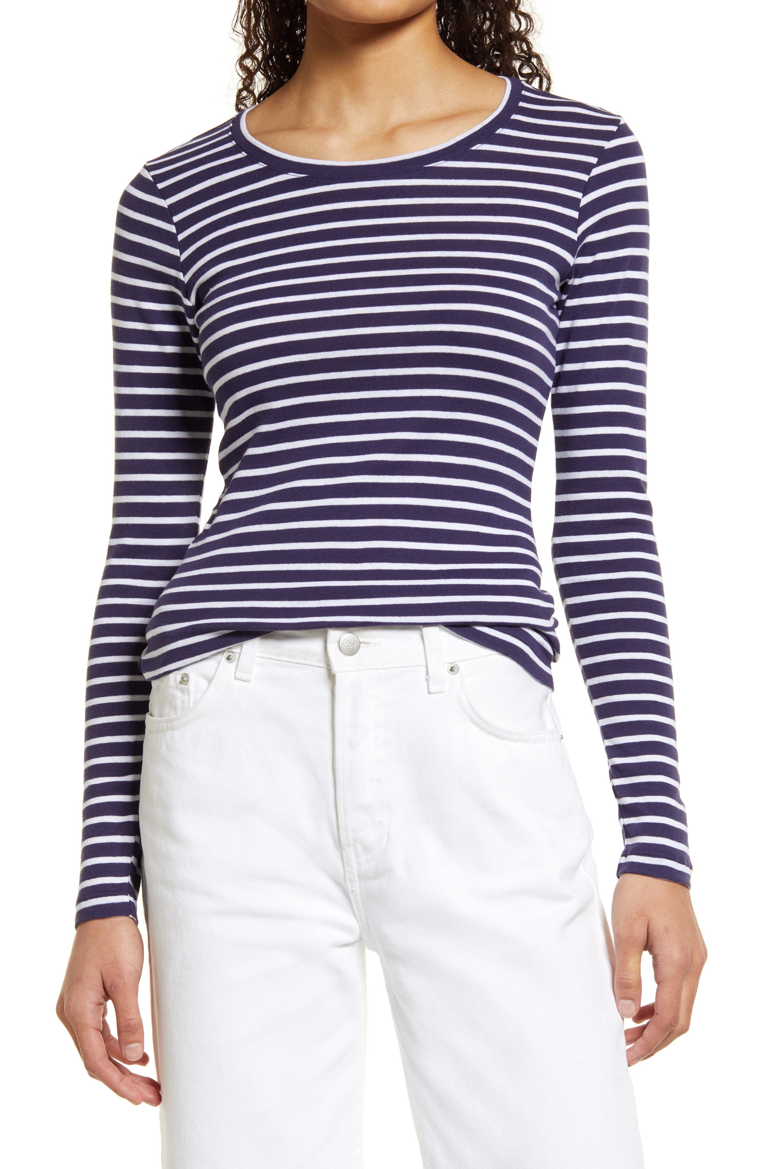 Women Round Neck Stripe Long Sleeve Sweatshirt Pullover Tops Blouse Jumper T Shirt Plain Vintage Ladies
