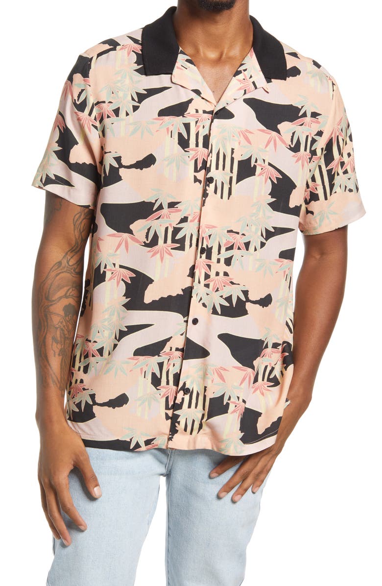 TOPMAN Men's Palm & Camo Print Short Sleeve Button-Up Shirt, Main, color, PINK