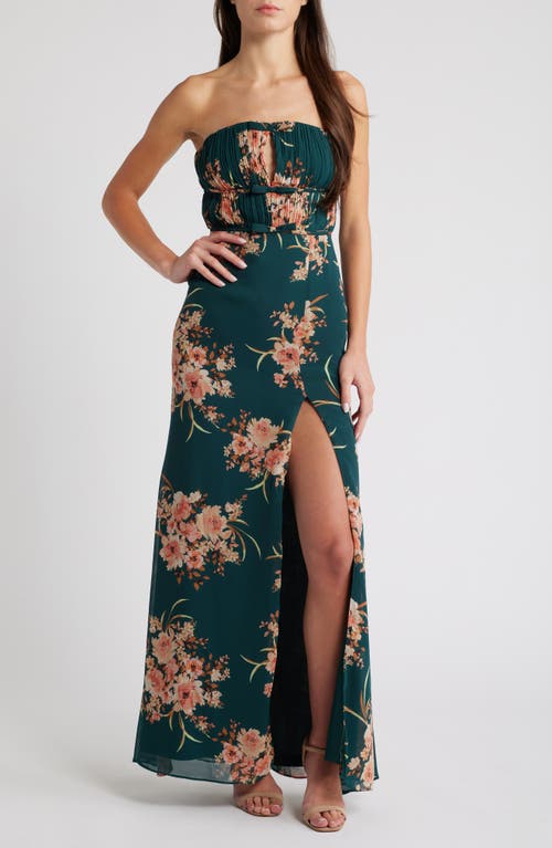 Lulus Enchanting Garden Strapless Cocktail Dress in Emerald/Blush/Light Brown 