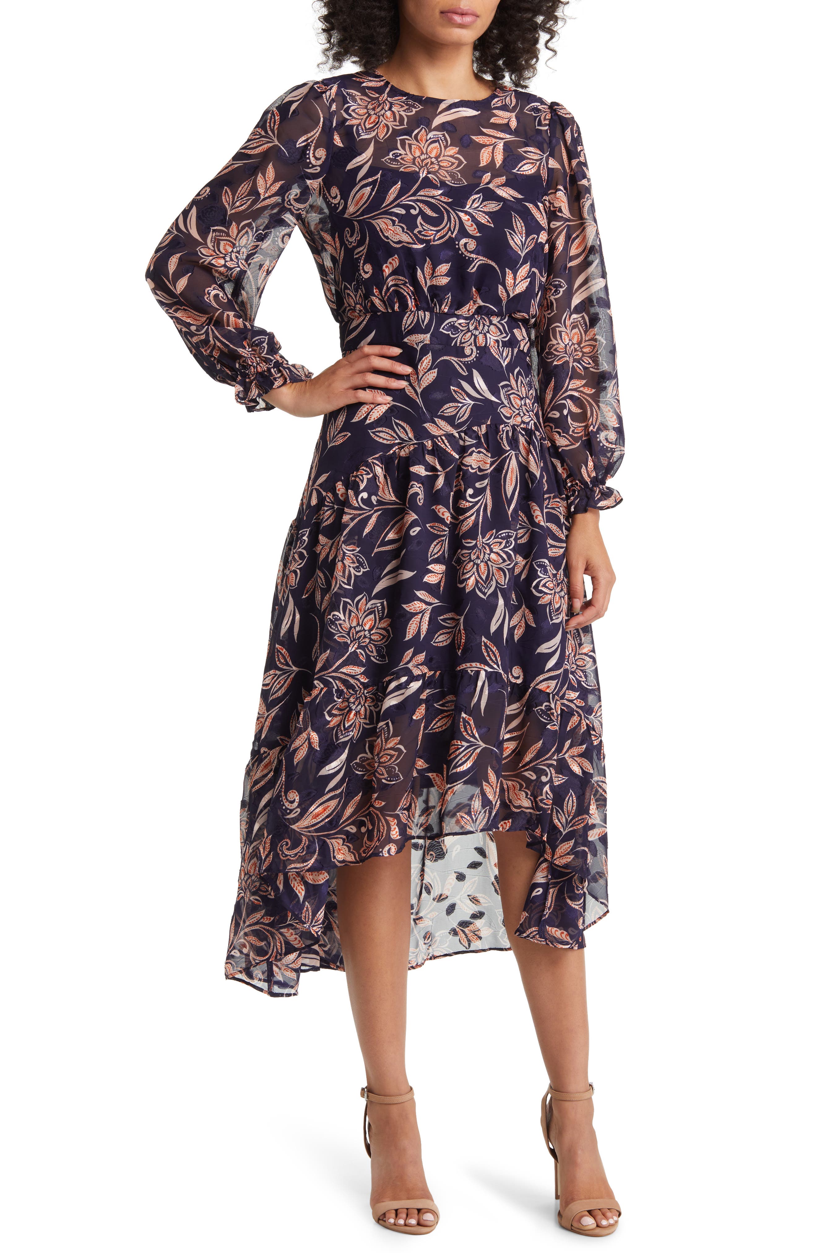 Eliza J Floral Long Sleeve Tiered Chiffon Dress in Navy | Smart Closet