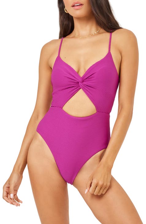 Deep V-Neck Twisted One Piece Swimsuit Pink