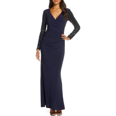 Eliza J Sequin Long Sleeve Ruched Gown, Blue