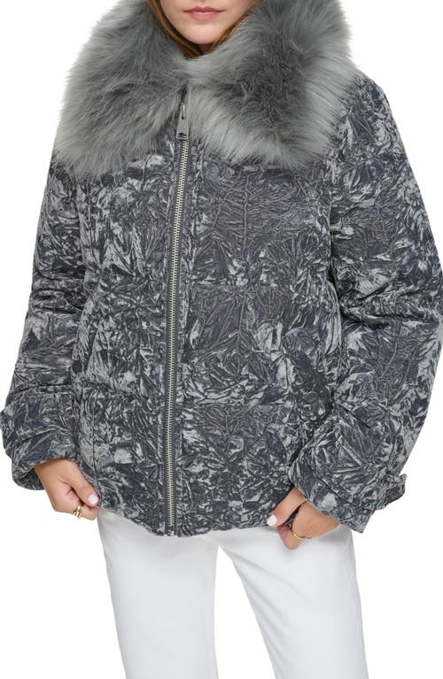 Andrew Marc Charleroi Faux Fur Collar Down & Feather Fill Velvet Puffer Jacket In Peppercorn