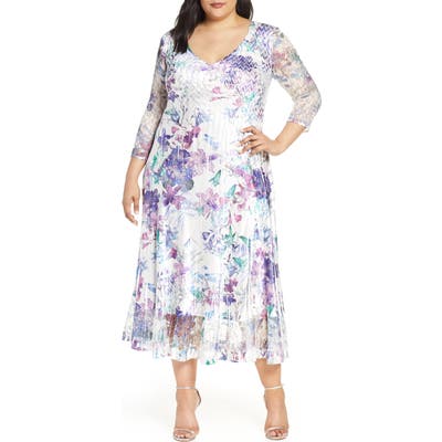 Plus Size Komarov Floral Print V-Neck Charmeuse Tea Length Dress, Ivory