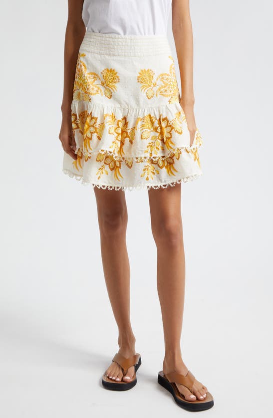Shop Farm Rio Aura Floral Embroidered Layered Ruffle Skirt In Aura Floral Off-white