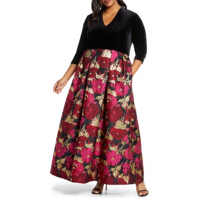 Plus Size Eliza J Velvet & Jacquard Ballgown, Black