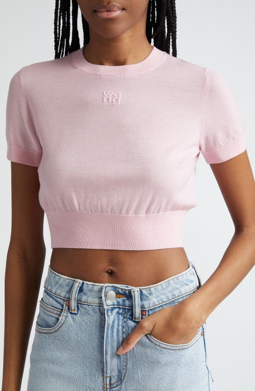 Shop Alexander Wang Debossed Logo Short Sleeve Crop Sweater In Pink Lace