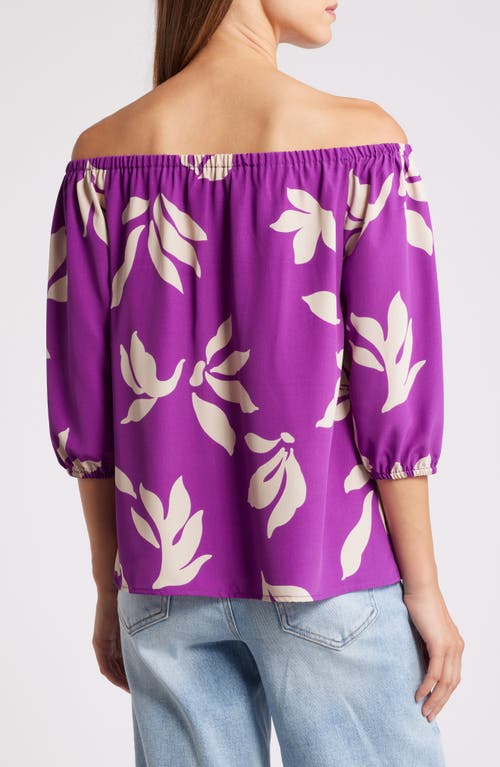 Loveappella Floral Print Off The Shoulder Top In Violet Natural
