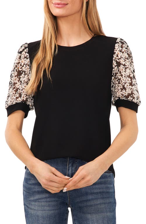 CeCe Daisy Puff Sleeve Mix Media Top in Rich Black at Nordstrom, Size X-Small