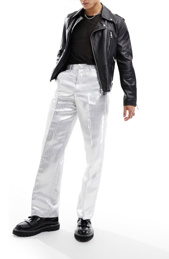Asos Design Smart Wide Leg Pants In Silver Pinstripe In Silver