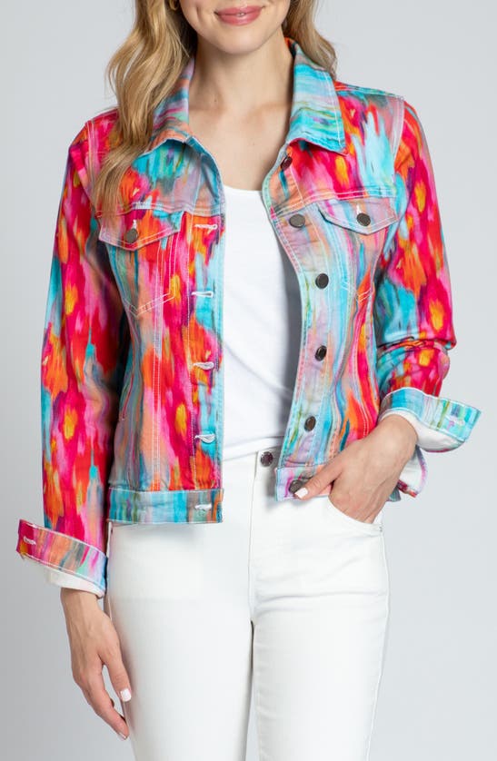 Shop Apny Watercolor Print Denim Jacket In Pink Multi