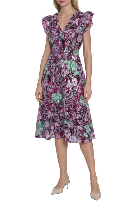 Maggy London Floral Sequin Midi Dress In Purple Combo