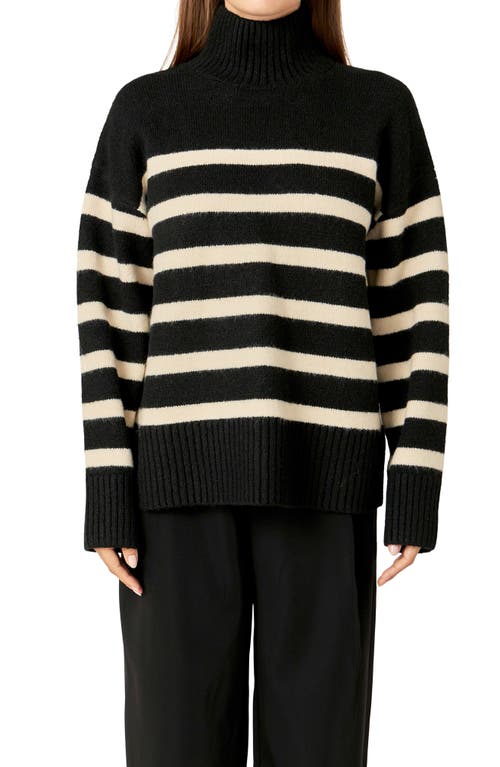 Shop English Factory Stripe Turtleneck Sweater In Black/cream