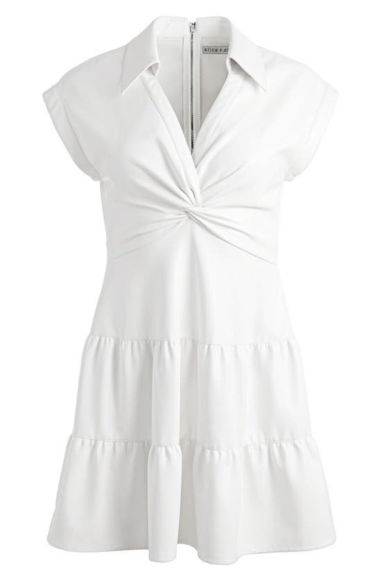 Alice And Olivia Mila Faux Leather Twist Front Cap Sleeve Dress In Off White