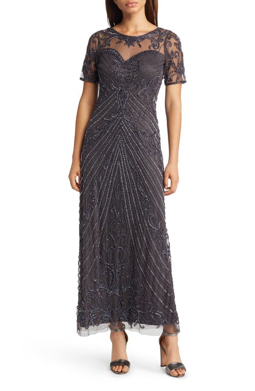 Illusion Beaded Mesh Column Gown in Slate