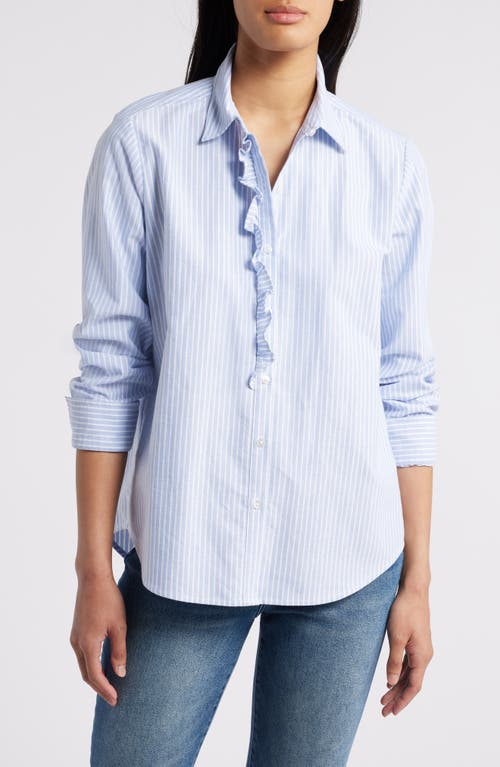 beachlunchlounge Emersyn Stripe Ruffle Trim Cotton Button-Up Shirt in Russian Blue 