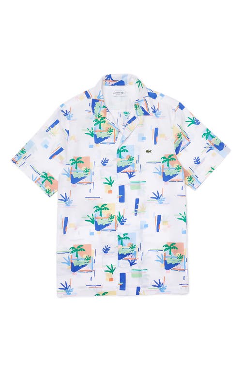Lacoste Palm Print Cotton Short Sleeve Button-up Shirt In Sbh White/multico