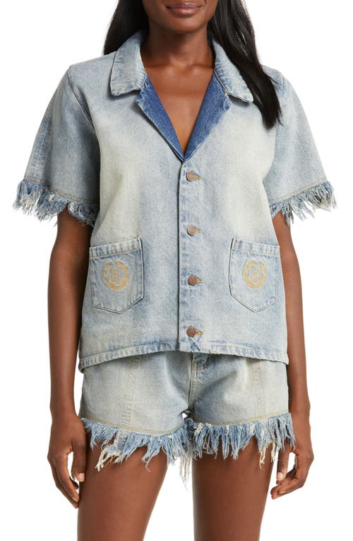 HONOR THE GIFT Fringe Sleeve Denim Camp Shirt in Light Indigo