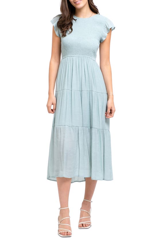 Blu Pepper Flutter Sleeve Smocked Tiered Midi Dress In Light Mint