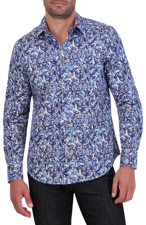 Abstract Butterfly Print Cotton Button-Up Shirt