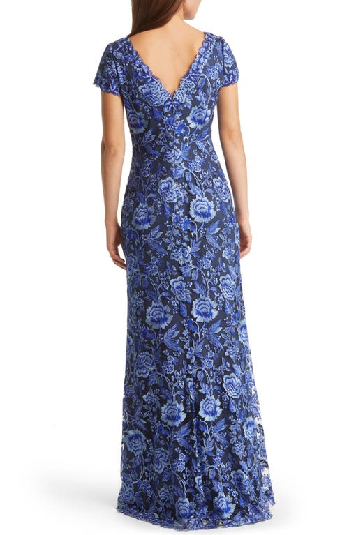 Tadashi Shoji Embroidered Lace Evening Gown In Blue Violet/navy