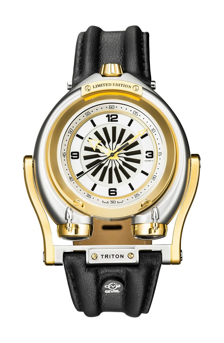 GEVRIL Men's Triton Leather Strap Watch, 49mm, Main, color, BLACK