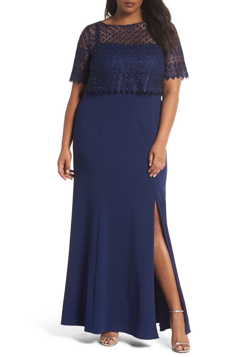 Adrianna Papell Guipure Popover Crepe Gown (Plus Size) | Nordstrom
