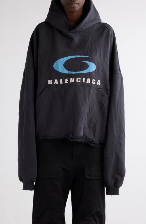 Shop Balenciaga Logo Distressed Crop Graphic Hoodie In Washed Black/blue