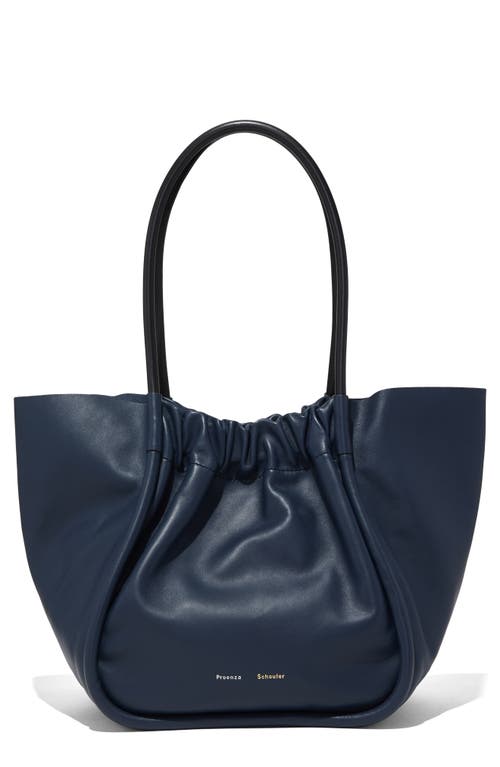 Large Ruched Leather Tote in Dark Navy