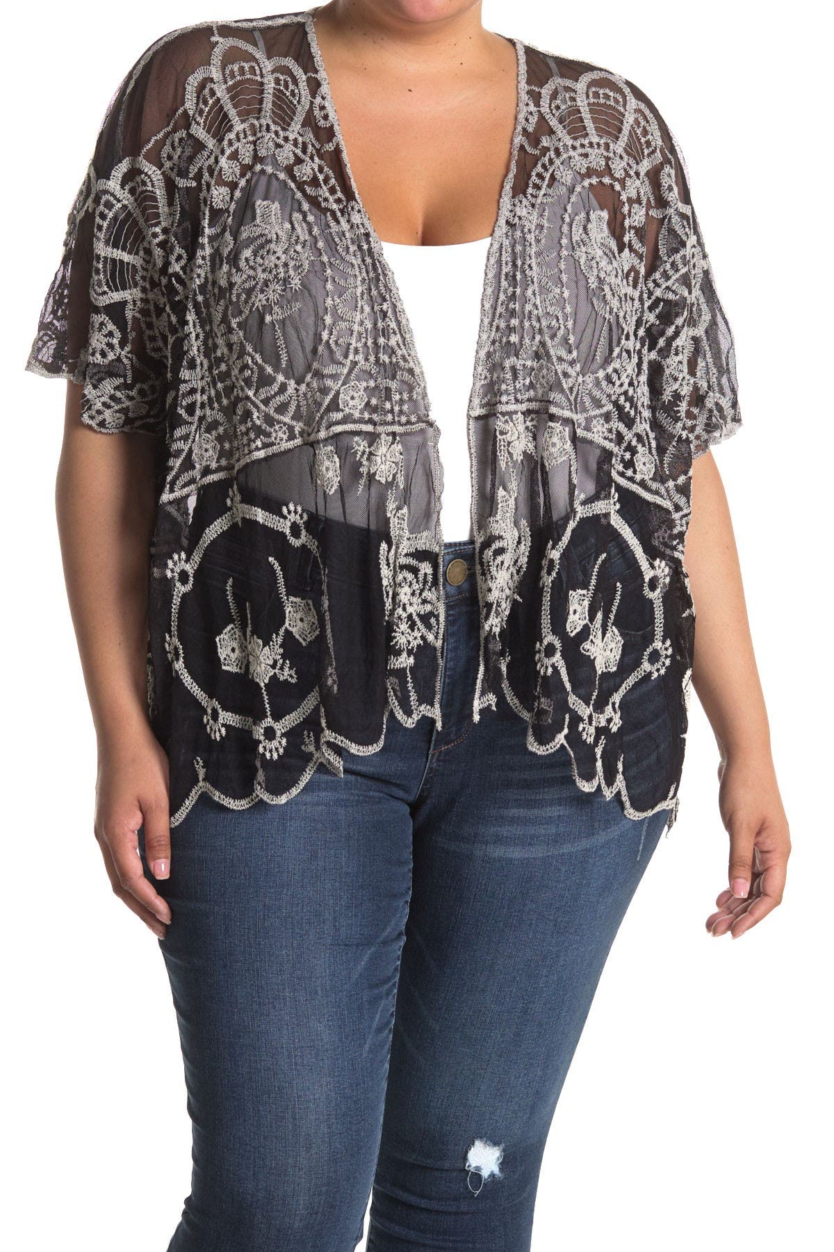 Forgotten Grace Embroidered Kimono (plus Size) In Black/white