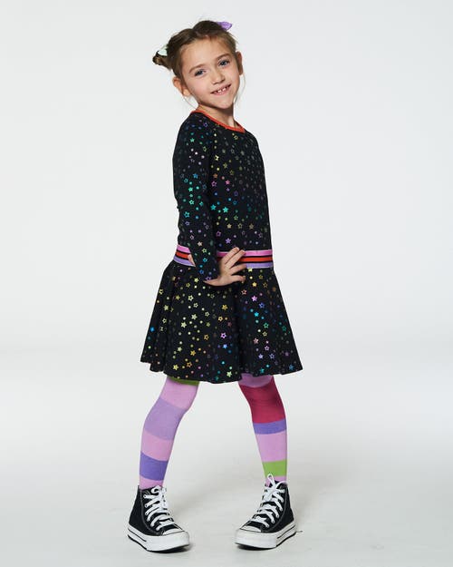 Shop Deux Par Deux Girl's Foil Black Printed Stars Dress In Printed Foil Stars