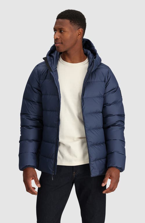 Shop Outdoor Research Coldfront 700 Fill Power Down Insulated Hooded Ripstop Packable Puffer Jacket In Navy