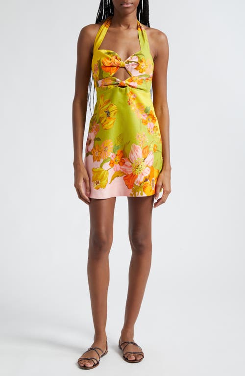 ALEMAIS Silas Floral Print Linen Halter Minidress Multi Green at Nordstrom,