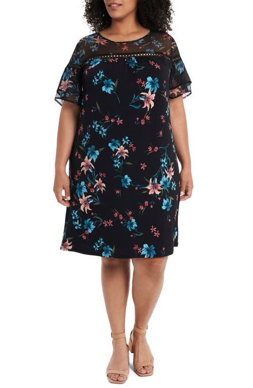 CeCe Expressive Lillies Ruffle Sleeve Mixed Media Dress in Rich Black at Nordstrom, Size 1X