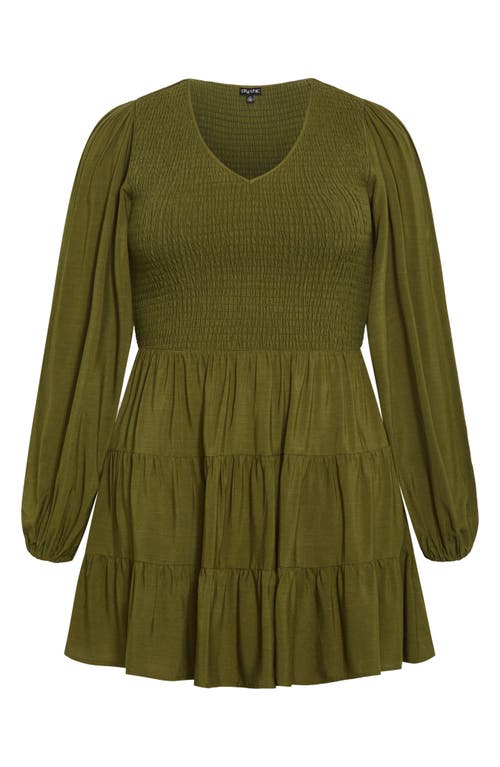 Shop City Chic Jemma Smocked Bodice Long Sleeve Dress In Dark Olive