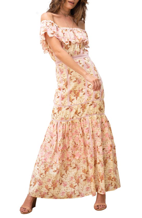 Barok Paris Floral Lace Off The Shoulder Dress In Light Beige