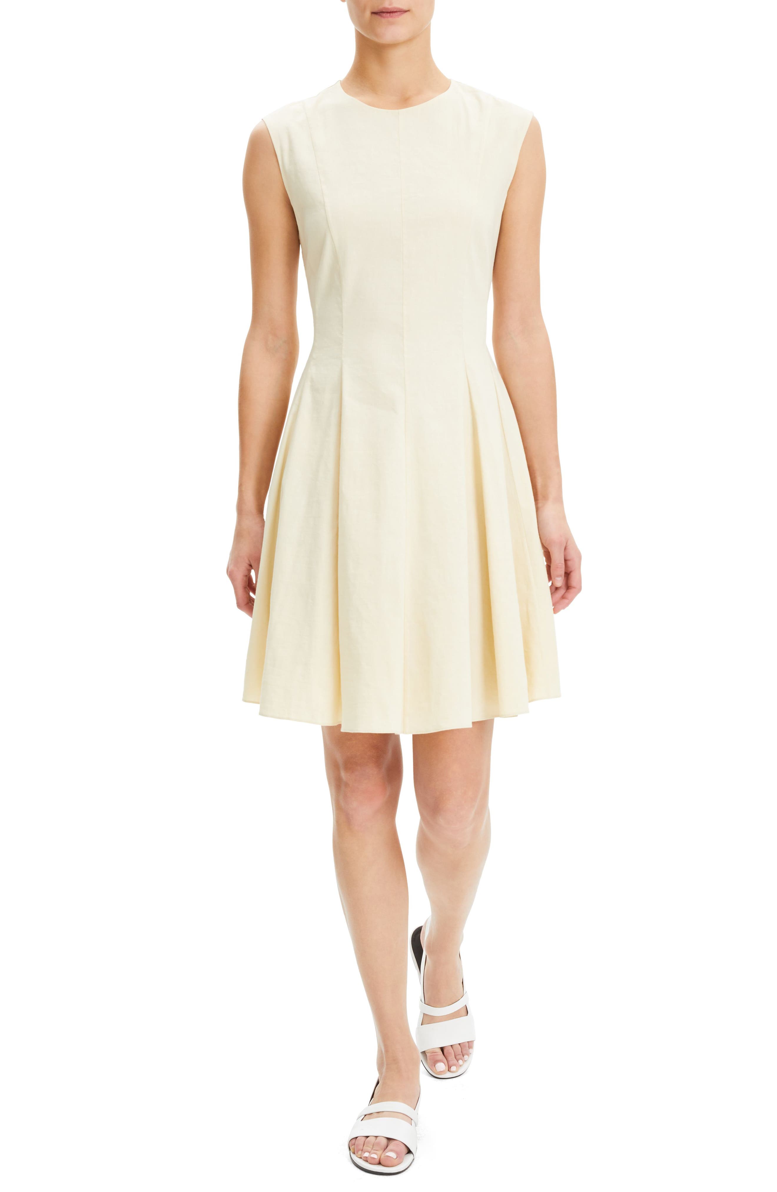 Theory Sleeveless Linen Blend Fit & Flare Dress, Beige
