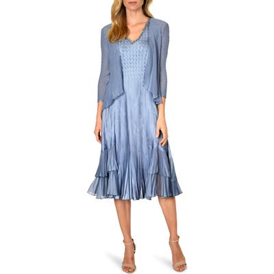 Komarov Beaded Neck Tiered Hem Charmeuse Dress & Jacket, Blue
