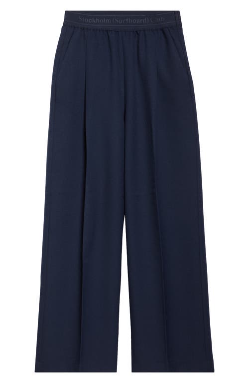 Stockholm Surfboard Club Elaine Logo Jacquard Waist Pleated Wide Leg Pants In Navy