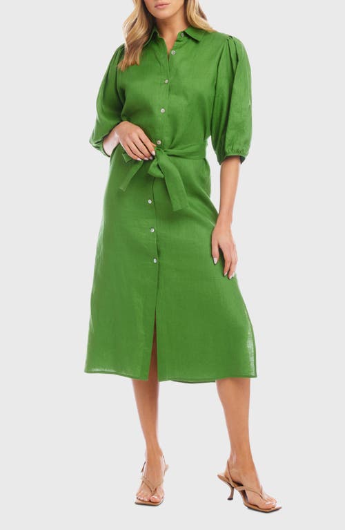 Puff Sleeve Linen Midi Shirtdress in Green